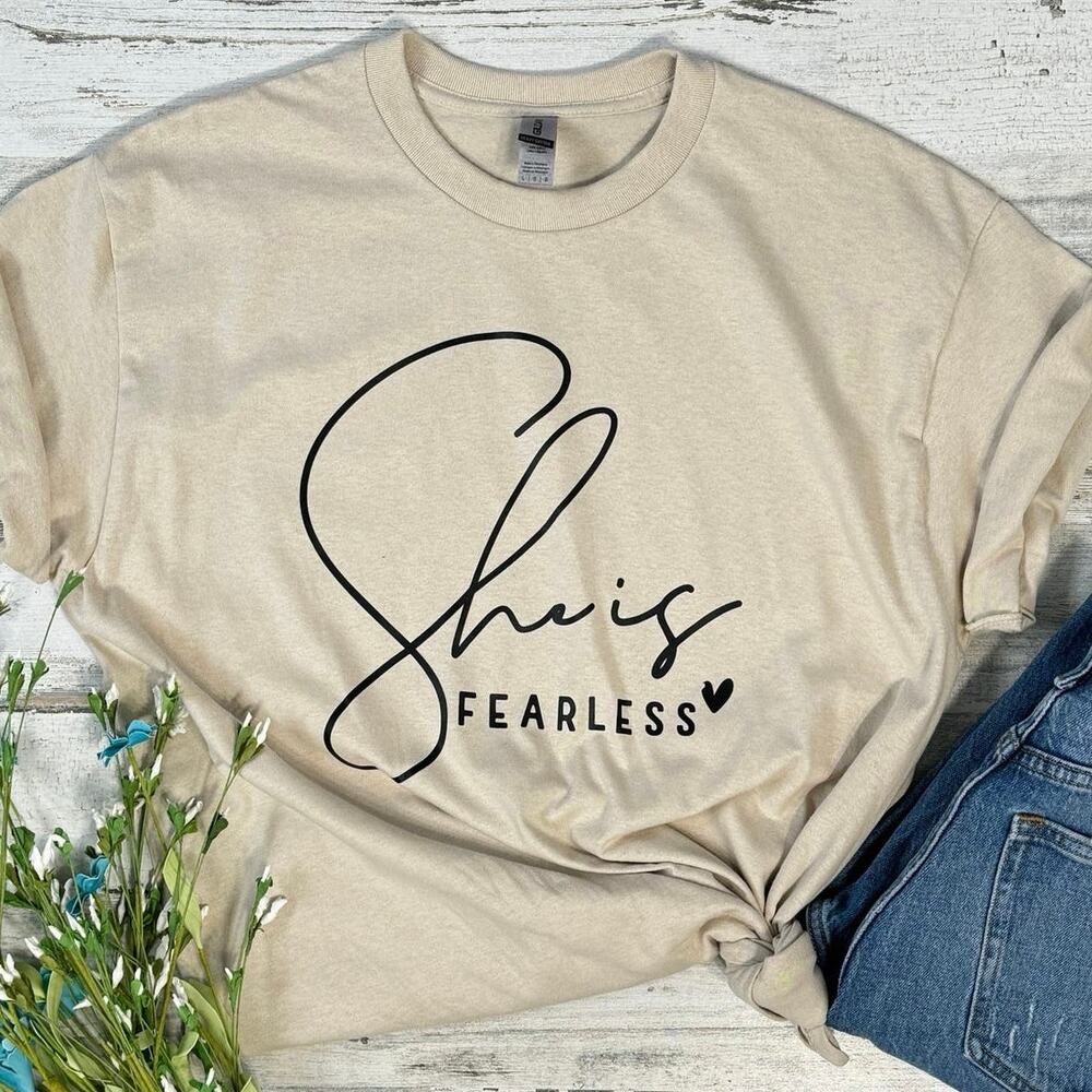 “She is Fearless” Women’s Tan Large T-Shirt Short Sleeve
